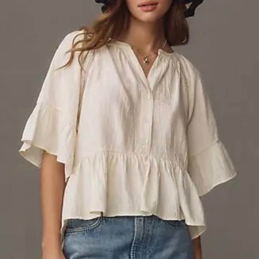 ANTHROPOLOGIE Women Ladder Lace Peplum Crinkle Top Size XS Boho Coastal Neutral